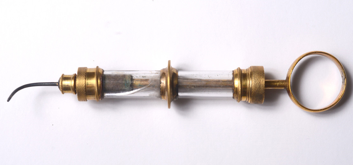 Cannula attached to a syringe, from the cataract surgery instruments attributed to Philip Syng Physick, displayed at the Physick House in Philadelphia